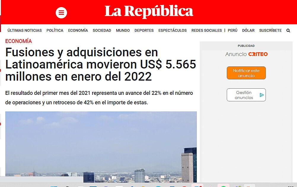 Fusiones y adquisiciones en Latinoamrica movieron US$ 5.565 millones en enero del 2022